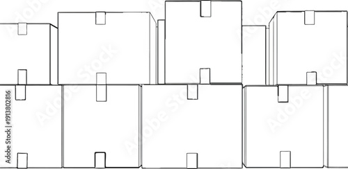 Stacked cardboard boxes with tape flaps, outlined in black ink