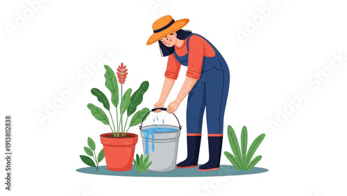 Farmer Girl Watering Plants Illustration - Vibrant Garden Cartoon Vector