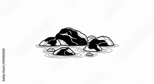 Stylized black and white illustration of smooth stones partially submerged in rippling water