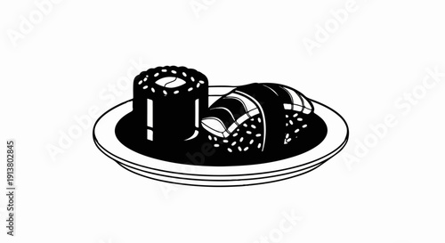 Stylized black and white illustration of sushi on a plate