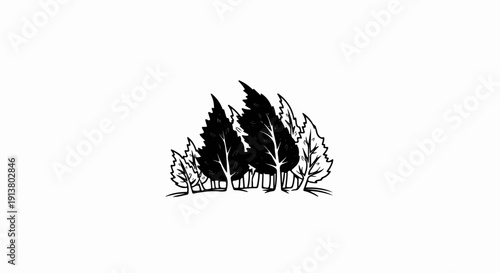 Stylized black and white drawing of a cluster of trees