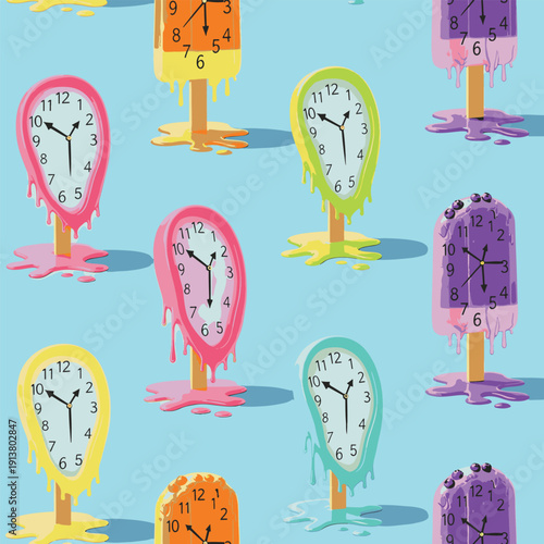 A whimsical illustration of melting clocks shaped like popsicles against a bright blue background, patern seamless, Stock royalty.