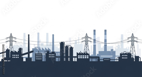 Industrial factory skyline with power lines and transmission towers.