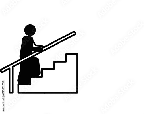 Stylized figure ascends stairs, holding onto railing