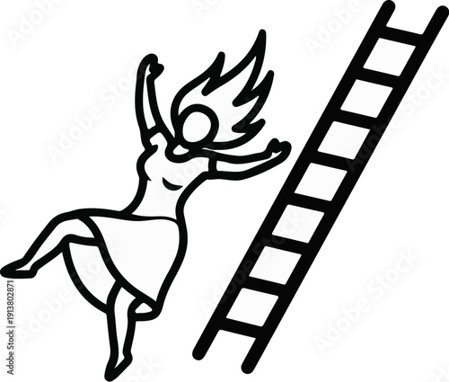 Stylized figure falling from a ladder, dynamic pose, black and white outline illustration