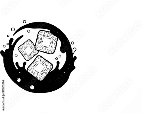 Stylized black and white illustration of three sushi rolls with sesame seeds in dark liquid