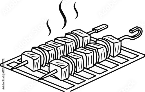 Stylized black and white illustration of two meat skewers cooking