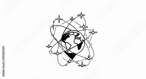 Stylized globe with orbiting satellites in an atomic structure