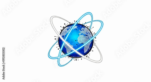 Stylized globe with orbiting rings, symbolizing connectivity and data flow