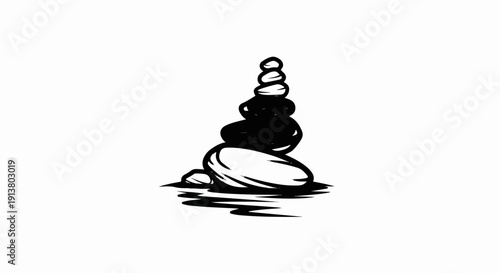 Stacked stones creating a balanced tower on a reflective surface