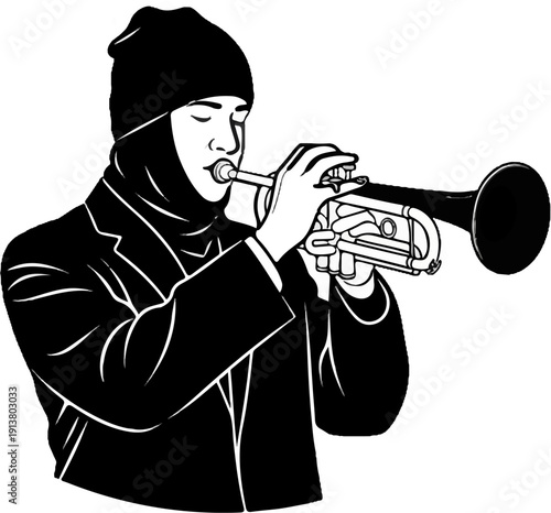 Stylized depiction of a person wearing a beanie and jacket playing a trumpet