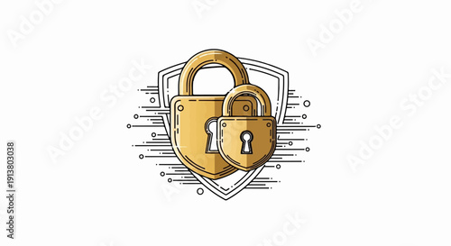 Stylized golden padlocks on a shield with digital circuit motifs