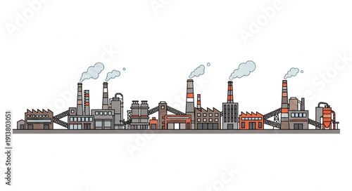 Industrial Factory Skyline with Smoke Stacks Emitting Steam.