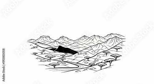 Stylized black and white drawing of a vast savanna with mountains