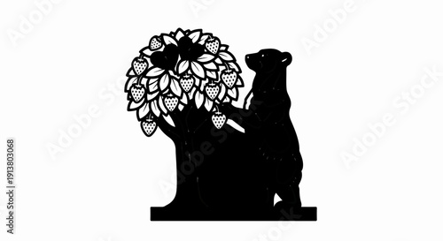 Stylized black silhouette of a bear reaching for ripe strawberries from a tree