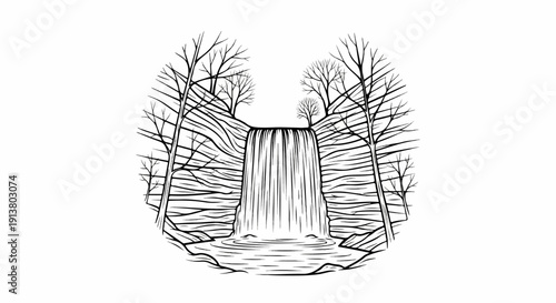 Stylized black and white drawing of a waterfall amidst bare trees