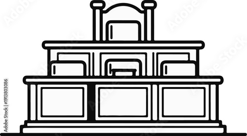 Stylized black and white line art depicting a tiered podium with multiple levels