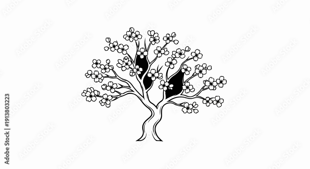 Obraz premium Stylized black and white line drawing of a blossoming tree with dark centers in flowers