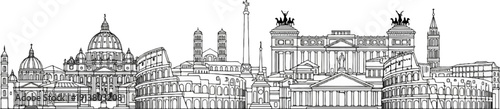 Stylized black and white line drawing depicts iconic ancient and modern structures
