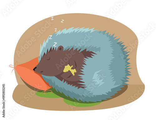A hedgehog sleeps and hums in the hands of a teddy bear