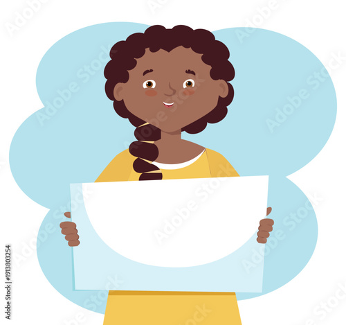 A girl with a sheet of paper in her hands