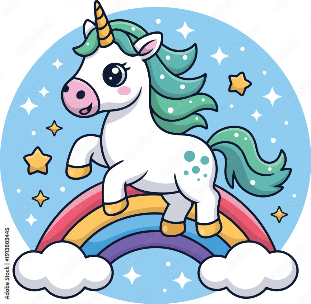 Fototapeta premium White unicorn with green mane and tail standing on a rainbow with stars and clouds 3