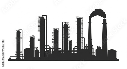Industrial factory silhouette with smoke stacks emitting pollution.