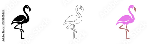 Flamingo Icon Vector Set Transparent Background, Black White Pink Flamingo Standing Outline Filled Design Isolated