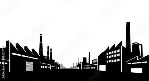 Industrial factory silhouette with smokestacks against a white background.
