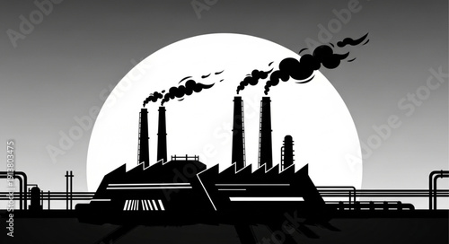 Industrial factory silhouette with smoke stacks emitting smoke against a large sun.