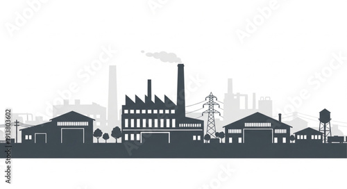 Industrial factory silhouette with smokestacks and warehouses.