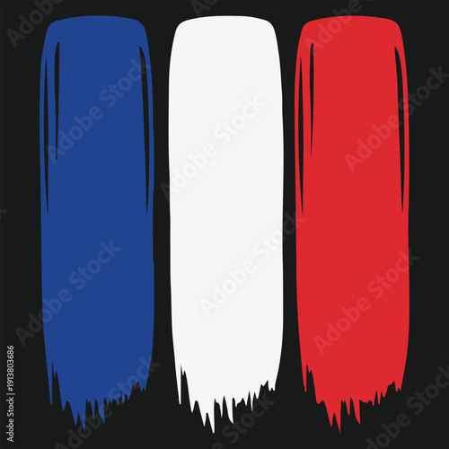 French flag brush strokes on black background, abstract patriotic symbol of France