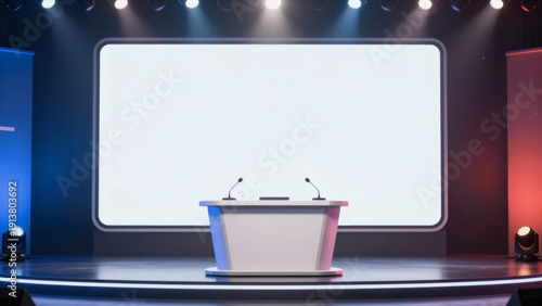 Mockup d'un Pupitre avec microphones devant un fond bleu blanc rouge lumineux, illustrant un discours officiel ou une campagne électorale. Adaptable.