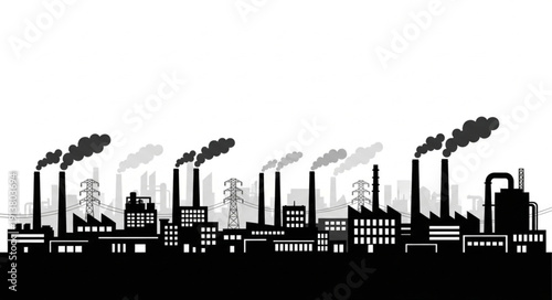 Industrial factory silhouette with smoking chimneys and power lines.