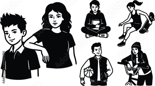 Line art vector of diverse teens skating biking reading holding basketball and leaning casually in urban group composition bold monochrome