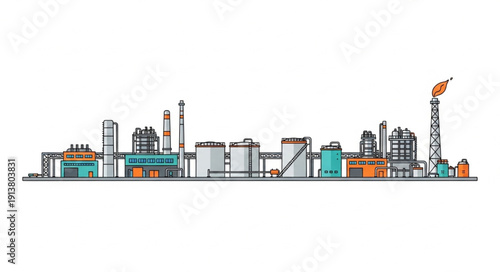 Industrial Factory Skyline Silhouette with Colorful Accents.