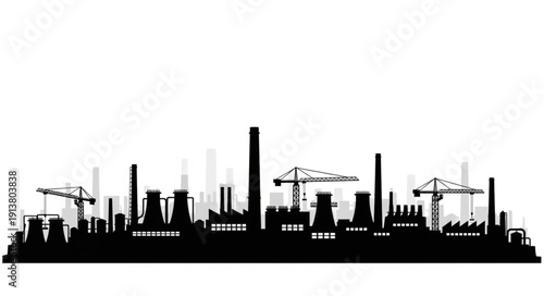Industrial factory skyline silhouette with cranes and smokestacks.