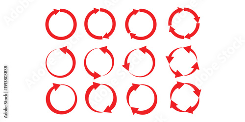 Flat vector illustration of circular arrow icons showing rotation, cycle process, refresh loop, continuous flow and recycling direction symbols for design