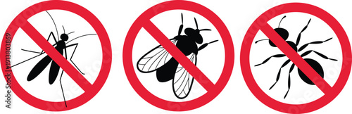Noinsects prohibition symbols mosquito fly ant banned warning signs vector icons red circle isolated white background illustration