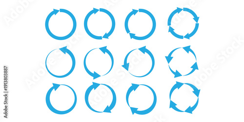 Flat vector illustration of circular arrow icons showing rotation, cycle process, refresh loop, continuous flow and recycling direction symbols for design