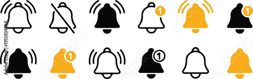 notification bell black yellow black line icons set vector illustration design collection 