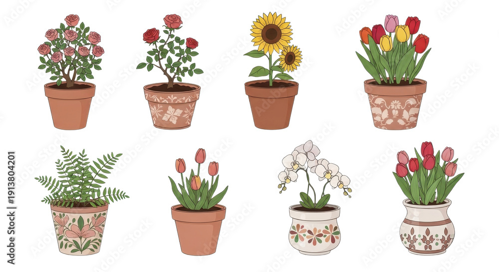 Fototapeta premium Eight potted plants collection. Includes roses, sunflowers, tulips, fern, and orchids in terracotta and ceramic pots. Created in flat vector style with a natural color palette. isolated PNG with