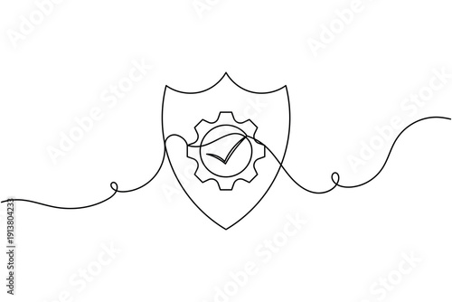 Gear and shield security icon continuous one line drawing on white background minimalist automation protected system symbol outline vector illustration