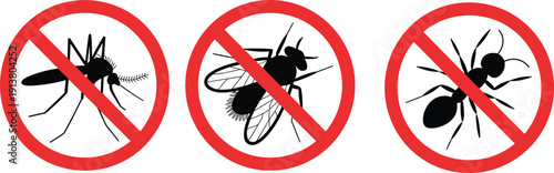 Noinsects prohibition symbols mosquito fly ant banned warning signs vector icons red circle isolated white background illustration