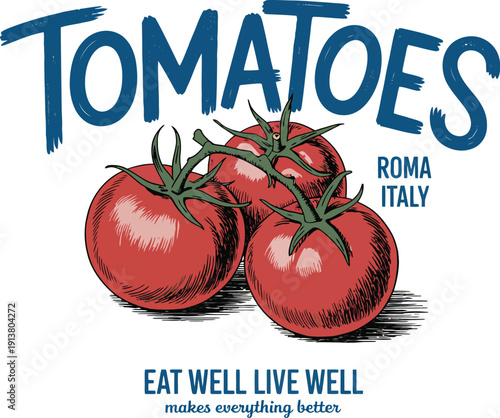 Three red tomatoes with green stems and leaves on a white background with text
