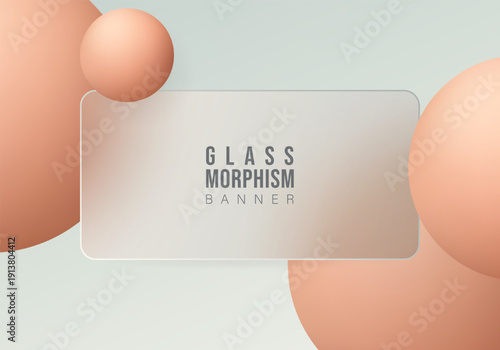 Soft peach glassmorphism banner with frosted translucent panel and abstract gradient spheres. Modern minimal background template.