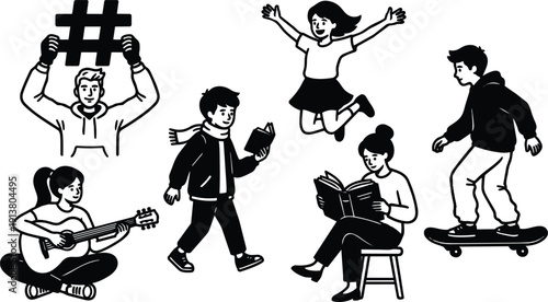 Line art close up group of young people holding hashtag playing guitar reading book skateboarding jumping walking in casual poses
