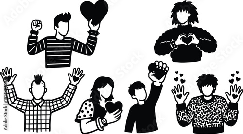 Flat vector line art group of diverse people holding hearts and making heart hands close up portrait