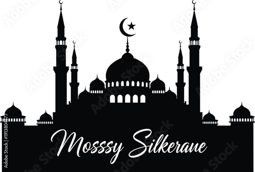 Islamic mosque silhouette with domes and minarets, crescent moon and stars, religious architecture, Ramadan, Eid, Islamic culture, spirituality, faith