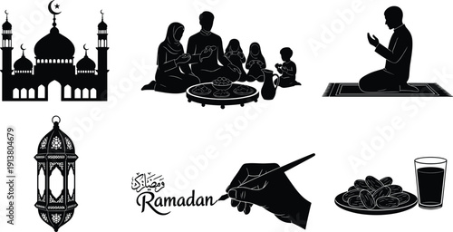 Ramadan silhouettes, mosque, family iftar, Quran reading, prayer devotion, fasting dates, lantern, crescent moon, Islamic culture, worship, spirituality, vector